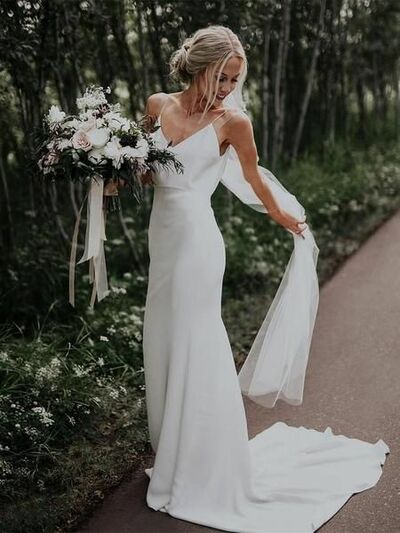 Sheath Spaghetti Straps Simple Cheap Long Wedding Dresses With Train,1761