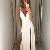 Sexy White Prom Dress, V-neck Long Prom Dresses, Halter Backless Prom Dress,Satin Long Evening Dress Formal Dress,1762 - Thumbnail 1