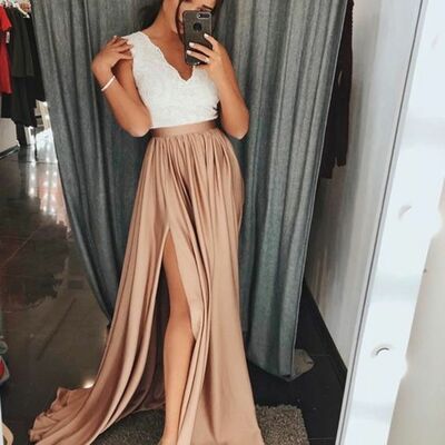 A-line v-neck ,brown elastic satin prom dress, with split lace, customize made ,2018 new fashion ,prom dress,1763