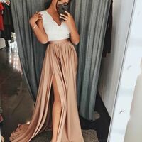 A-Line V-Neck ,Brown Elastic Satin Prom Dress, with Split Lace, Customize Made ,2018 new fashion ,Prom Dress,1763 - Thumbnail 1