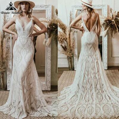 Vestido Bohemian Wedding Dress V Neck Lace Boho Spaghetti Straps Backless Beach Bridal Gowns,1734