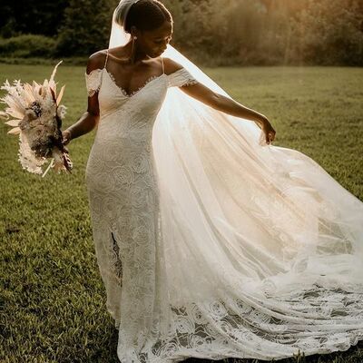 Sheath off the shoulder lace boho wedding dresses,1759 - Thumbnail 1