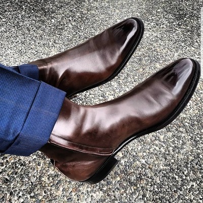 Handmade Men Side Zip Brown Leather Ankle Dress Boot