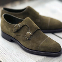 Bet Choice Olive Color Suede Double Monk Dress Shoes - Thumbnail 1