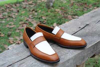 Crafted Leather Handmade Brown White Loafers Moccasin Formal Dress Shoes