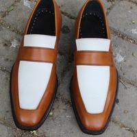 Crafted Leather Handmade Brown White Loafers Moccasin Formal Dress Shoes - Thumbnail 1