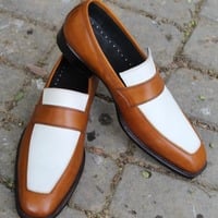 Crafted Leather Handmade Brown White Loafers Moccasin Formal Dress Shoes - Thumbnail 2