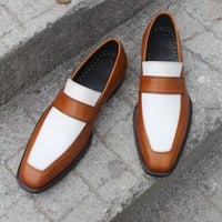 Crafted Leather Handmade Brown White Loafers Moccasin Formal Dress Shoes - Thumbnail 3