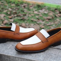 Crafted Leather Handmade Brown White Loafers Moccasin Formal Dress Shoes - Thumbnail 4