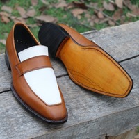 Crafted Leather Handmade Brown White Loafers Moccasin Formal Dress Shoes - Thumbnail 5