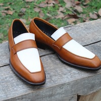 Crafted Leather Handmade Brown White Loafers Moccasin Formal Dress Shoes - Thumbnail 6