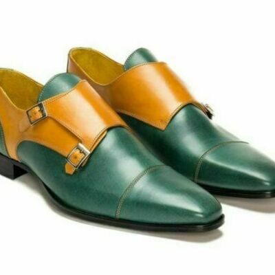 Men's handmade two tone tan green leather monk double buckle strap derby cap toe vintage leather shoes
