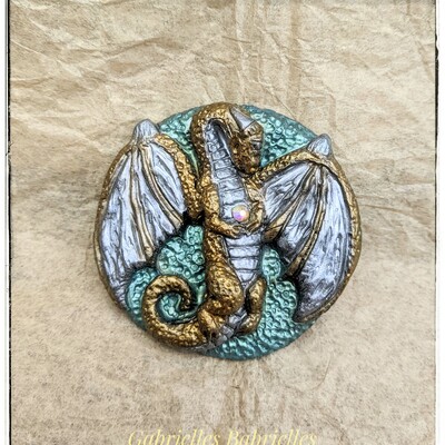 Dragon magnet shimmery metallic gold silver green polymer clay sculpture 