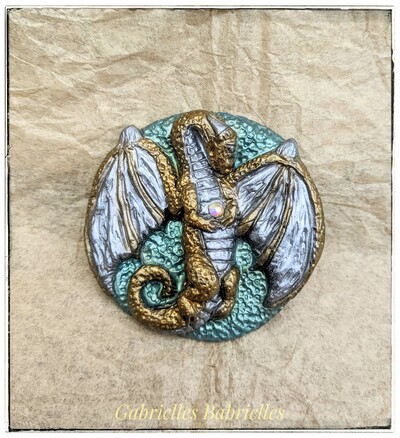 Dragon magnet shimmery metallic gold silver green polymer clay sculpture 