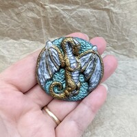 Dragon magnet shimmery metallic gold silver green polymer clay sculpture  - Thumbnail 1