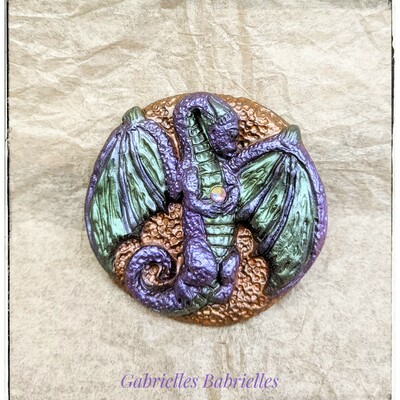 Dragon magnet shimmery metallic purple green gold orange polymer clay sculpture 