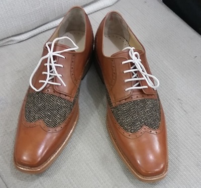 Classic Brown Leather and Tweed Contrast Wingtip Oxford Dress Lace up Shoes
