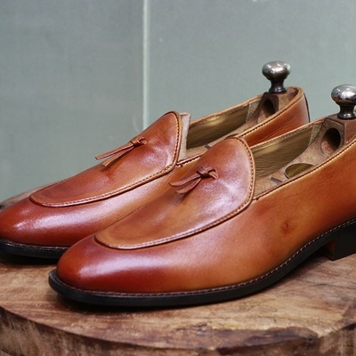 Men's new handmade brown leather teasels style slip on stylish loafers dress & formal wear shoes - Thumbnail 1
