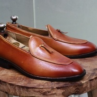 Men's New Handmade Brown Leather Teasels Style Slip On Stylish Loafers Dress & Formal Wear Shoes - Thumbnail 1
