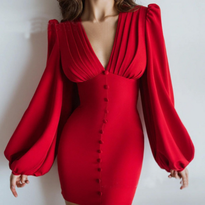 Women'S Solid Color V-Neck Button Splicing Slim Dress