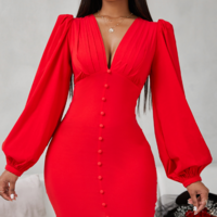 Women'S Solid Color V-Neck Button Splicing Slim Dress - Thumbnail 1