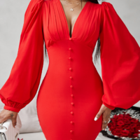 Women'S Solid Color V-Neck Button Splicing Slim Dress - Thumbnail 4