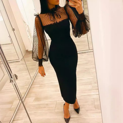 Temperament women's black mesh splicing slim dress