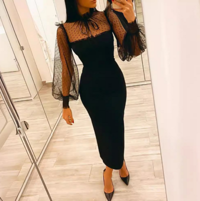 Temperament Women'S Black Mesh Splicing Slim Dress