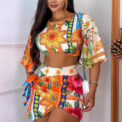 Irregular floral print backless casual two piece set