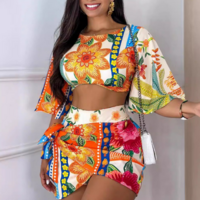 Irregular Floral Print Backless Casual Two Piece Set - Thumbnail 2