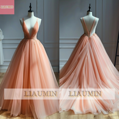 Pink V Neck Full Length Tull Prom Dress Evening Dress Hand Made W14-19.4