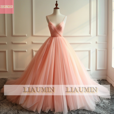 Pink v neck full length tull prom dress evening dress custom hand made w14-19.5 - Thumbnail 1