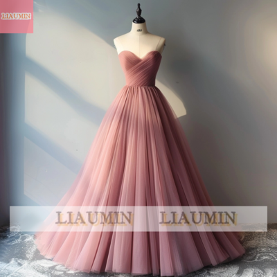 Pink Strapless Full Length Tull Prom Dress Evening Dress Custom Hand Made W14-20.4