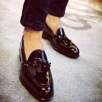  Men's Genuine Black Patent Leather Tassels Slip On Moccasins Shoes - Thumbnail 4