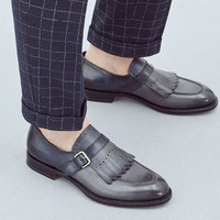New Men's Monk Strap Fringe Brogue Formal Shoes,Men Handmade Gray leather shoes - Thumbnail 4
