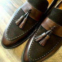 Handmade men brown Suede and leather Tassels shoes, Men leather moccasins loafer - Thumbnail 1