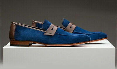 Suede Leather Blue Color Handcrafted Moccasin Loafer Slip Ons Pointed Toe Shoes