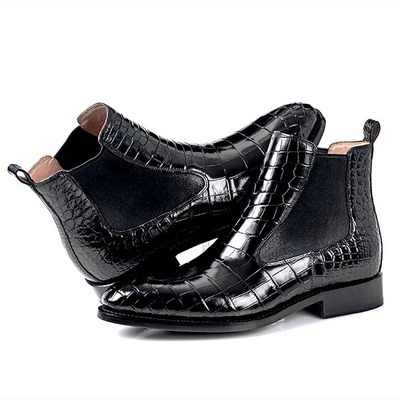 Handmade leather shoes,formal crocodile texture leather men black crocodile sho