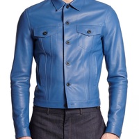 Handmade Men's Blue Leather Jacket, Men's New Blue Biker Leather Fashion Jacket - Thumbnail 4