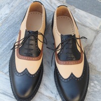 Crafted Leather Bespoke Men Shoes Black and Beige Wingtip Oxford Dress Shoes - Thumbnail 2