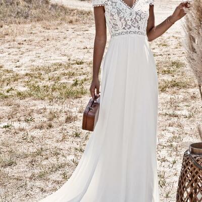 Ivory wedding dresses with train v-neck short sleeves backless lace long boho bridal gowns free customization,1764 - Thumbnail 2