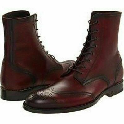 Handmade men burgundy color wingtip brogue ankle boots, men lace up leather boot