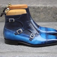 Handmade 2 Tone Blue Leather Buckle Boot, Men's Triple Monk Strap Cap Toe Boot - Thumbnail 1