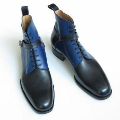 Handmade Jodhpurs Two Tone Style Men Leather Black Blue High Ankle Lace up Boots