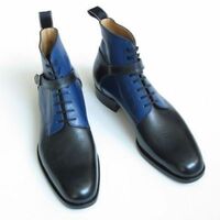 Handmade Jodhpurs Two Tone Style Men Leather Black Blue High Ankle Lace up Boots - Thumbnail 1