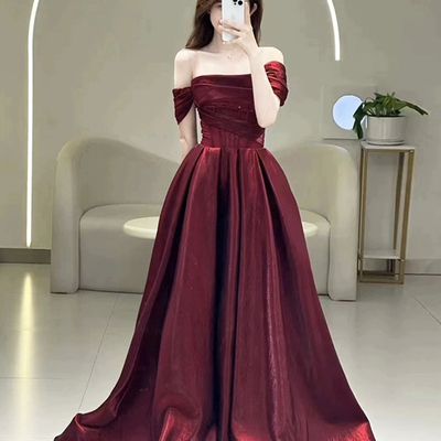 Burgundy satin long prom dress, off the shoulder evening party dress - Thumbnail 2