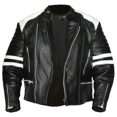 New handmade men's black and white biker genuine leather jacket