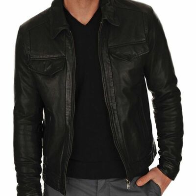 Handmade mens black leather jacket biker motorcycle lambskin leather jacket - Thumbnail 4