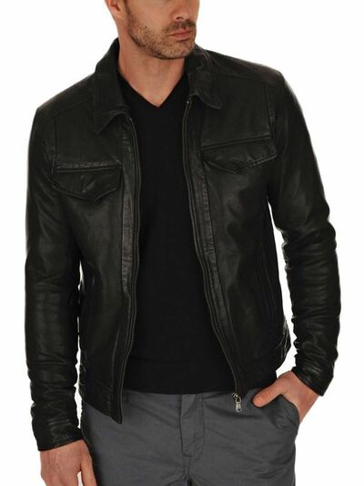 Handmade Mens Black Leather Jacket Biker Motorcycle Lambskin Leather Jacket