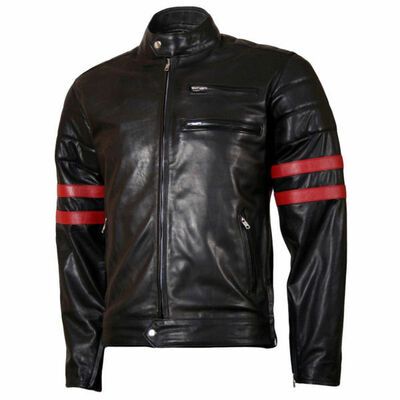 Mens Leather Jacket Black Lambskin Biker Moto Red Stripes
